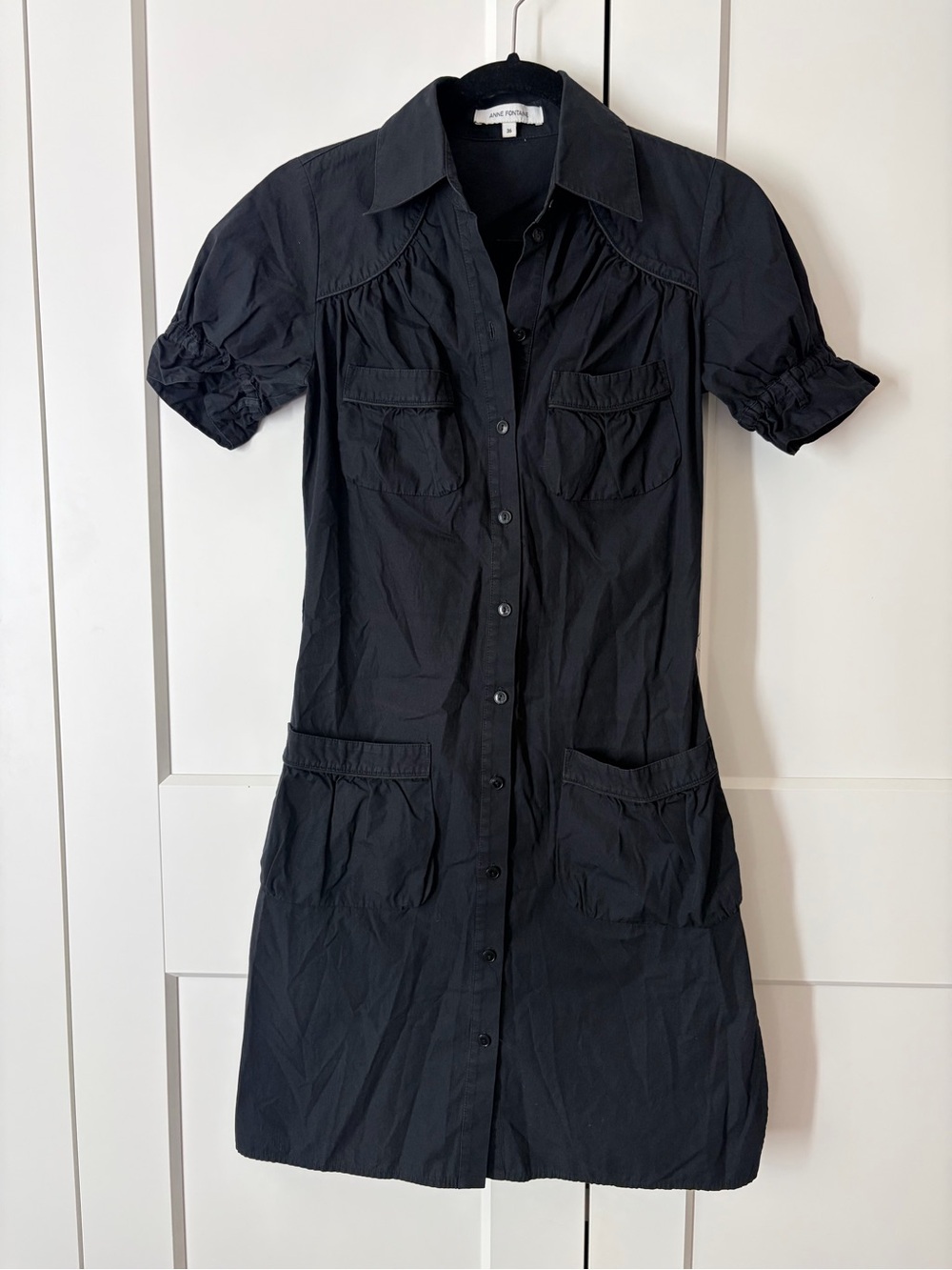 Anne Fontaine Black Short-Sleeve Button Front Mini Dress | 36